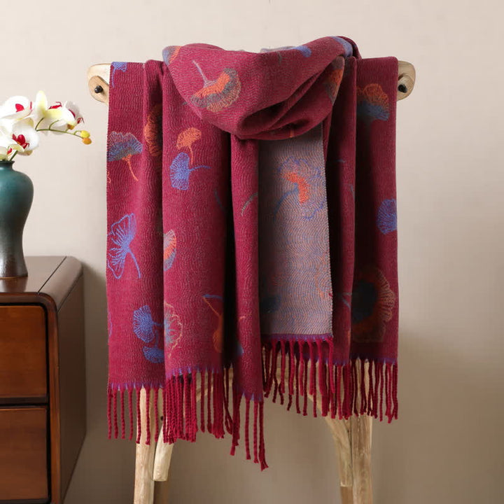 Ginkgo Leaf Pattern Double-Sided Scarf With Tassels - Wine Red - image 5