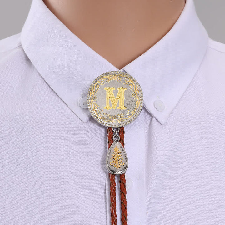 Initial Letter Brown Leather Bolo Tie With Teardrop-Shaped Pendant - Gold - M - image 15