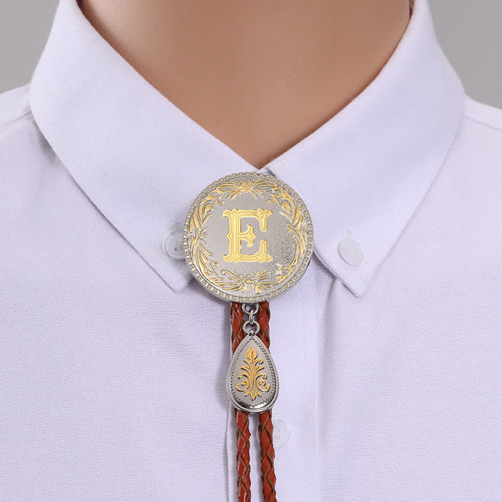 Initial Letter Brown Leather Bolo Tie With Teardrop-Shaped Pendant - Gold - E - image 7