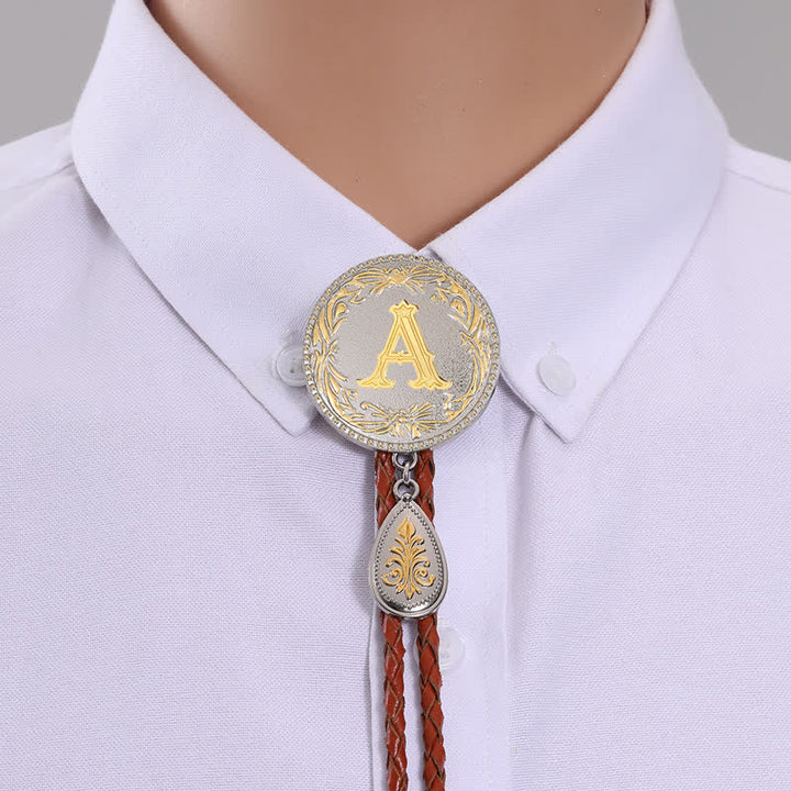 Initial Letter Brown Leather Bolo Tie With Teardrop-Shaped Pendant - Gold - A - image 4