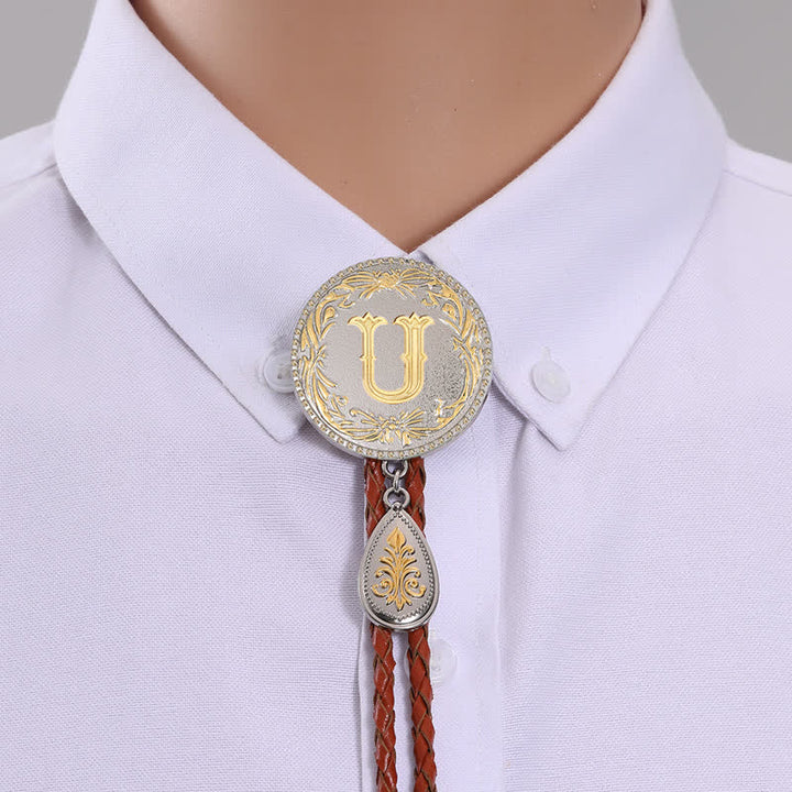 Initial Letter Brown Leather Bolo Tie With Teardrop-Shaped Pendant - Gold - U - image 23