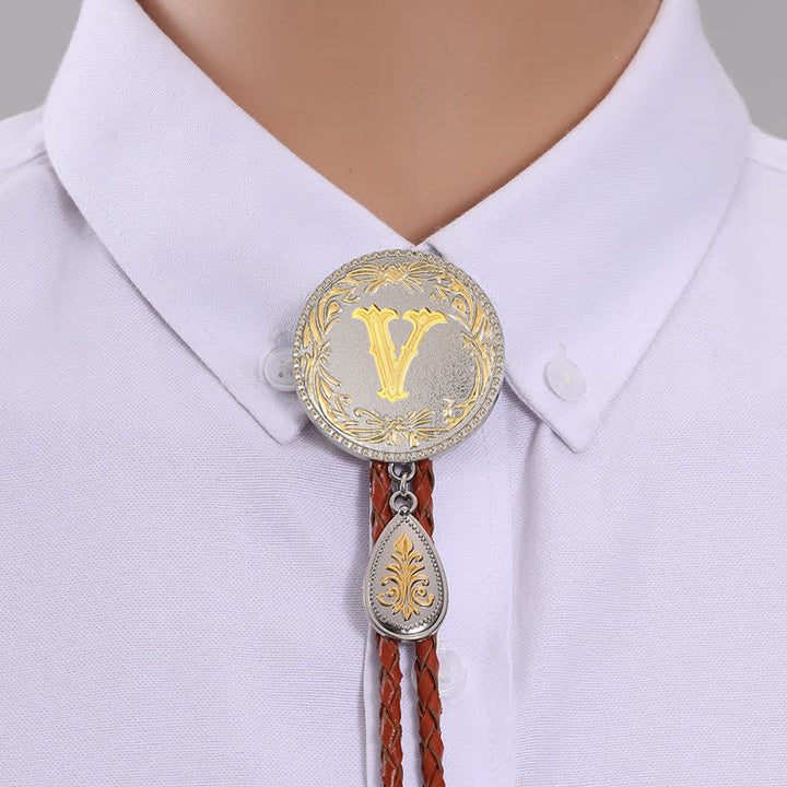 Initial Letter Brown Leather Bolo Tie With Teardrop-Shaped Pendant - Gold - V - image 24