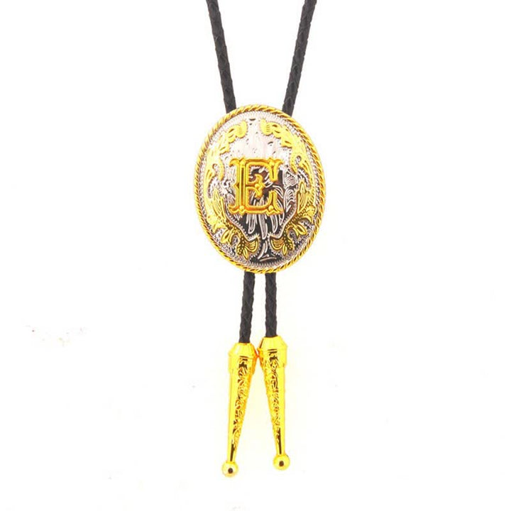 Gold & Silver Two-Tone Oval Initial Letter Leather Bolo Tie - Gold - E - image 6