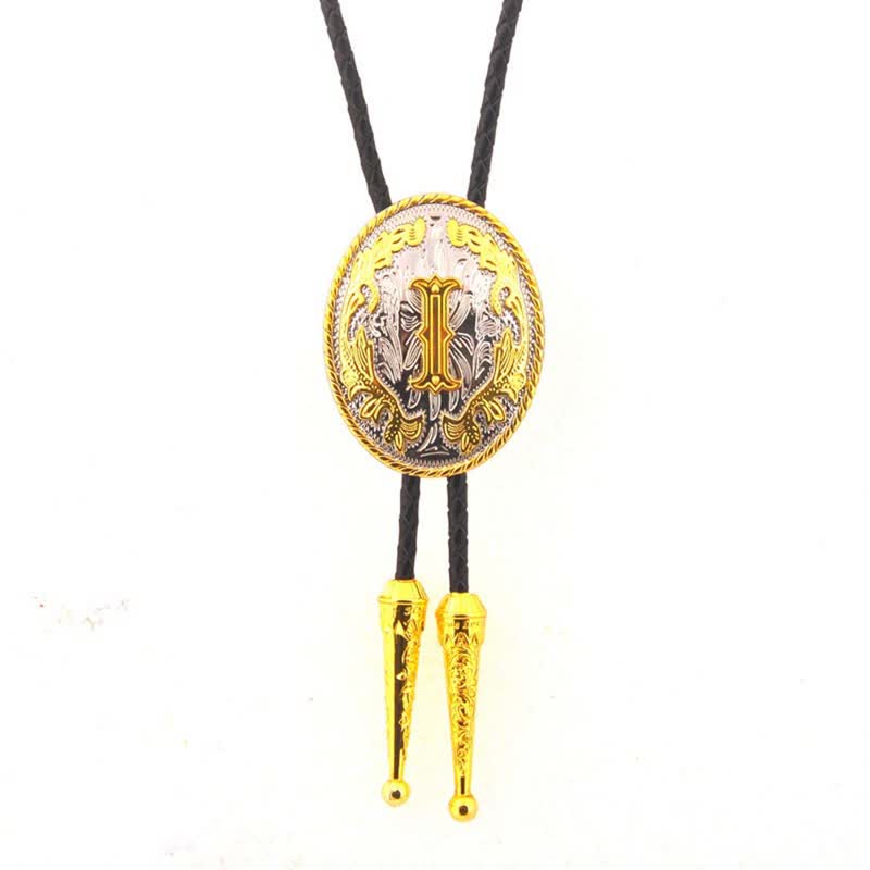 Gold & Silver Two-Tone Oval Initial Letter Leather Bolo Tie - Gold - I - image 10