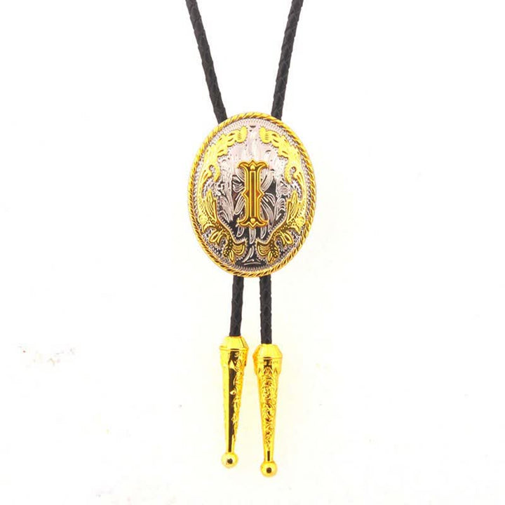 Gold & Silver Two-Tone Oval Initial Letter Leather Bolo Tie - Gold - I - image 10