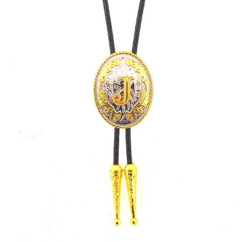 Gold & Silver Two-Tone Oval Initial Letter Leather Bolo Tie - Gold - J - image 11