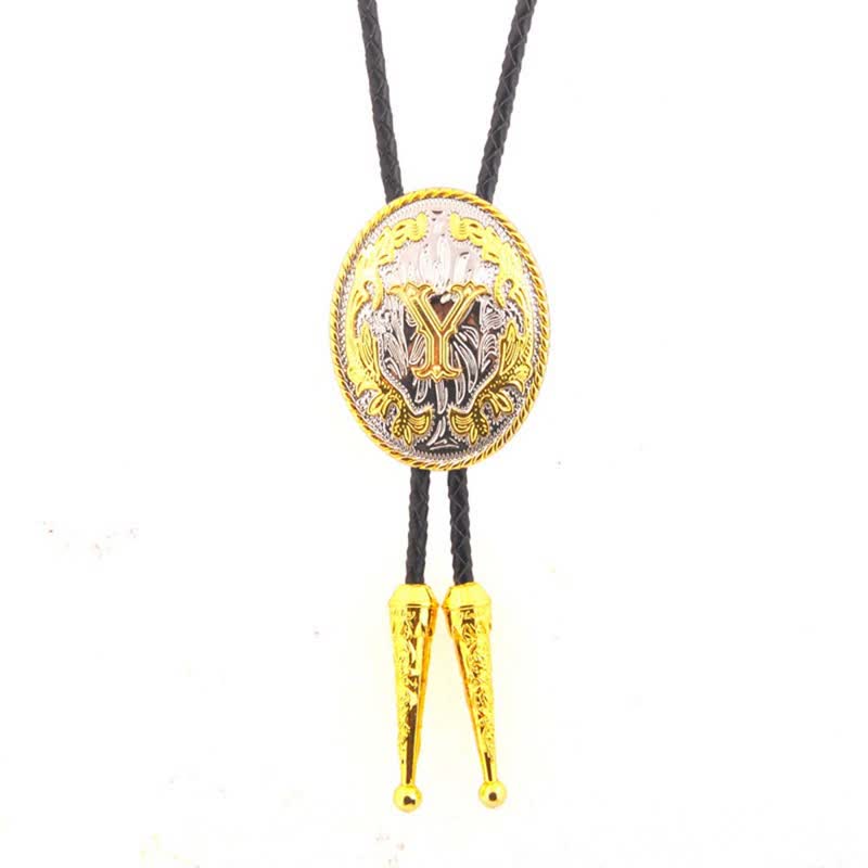 Gold & Silver Two-Tone Oval Initial Letter Leather Bolo Tie - Gold - Y - image 25