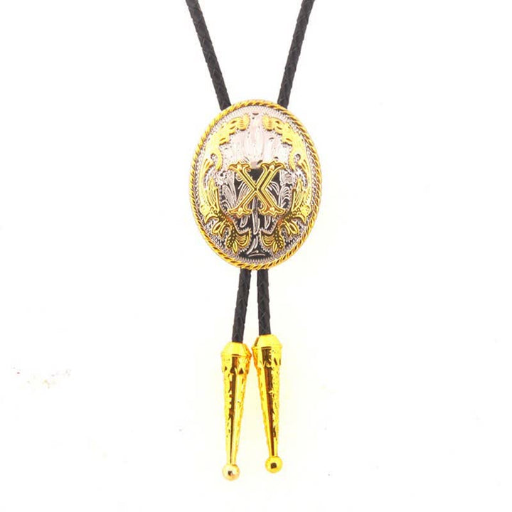 Gold & Silver Two-Tone Oval Initial Letter Leather Bolo Tie - Gold - X - image 24