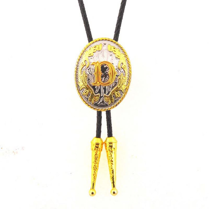 Gold & Silver Two-Tone Oval Initial Letter Leather Bolo Tie - Gold - D - image 5