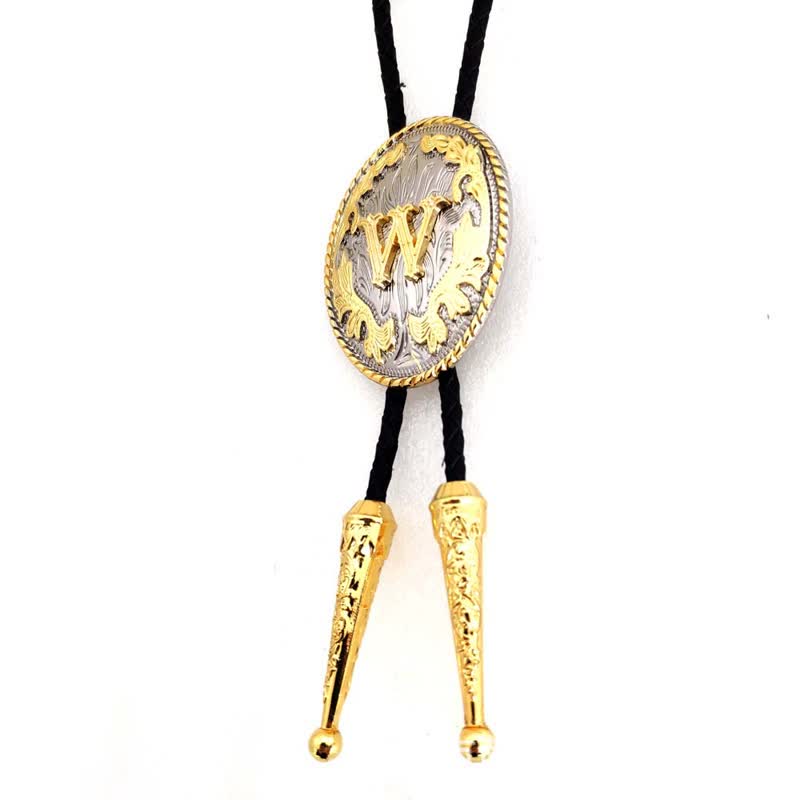 Gold & Silver Two-Tone Oval Initial Letter Leather Bolo Tie - image 2