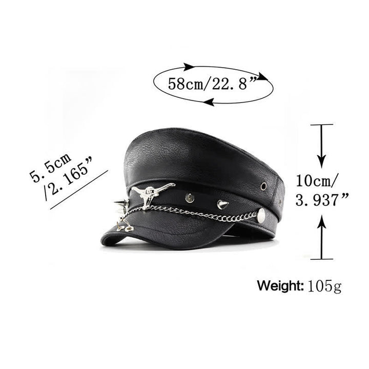 Longhorn Rivets Black Leather Beret Hat With Chain - image 5
