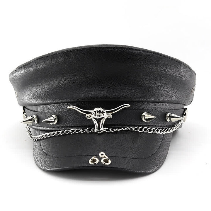 Longhorn Rivets Black Leather Beret Hat With Chain - image 1