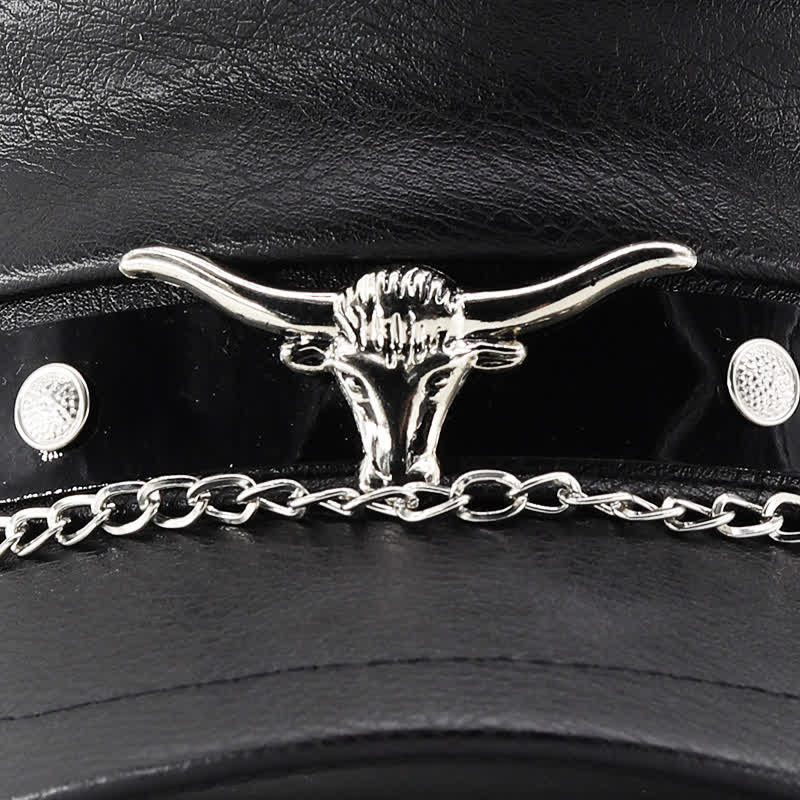 Longhorn Rivets Black Leather Beret Hat With Chain - image 4