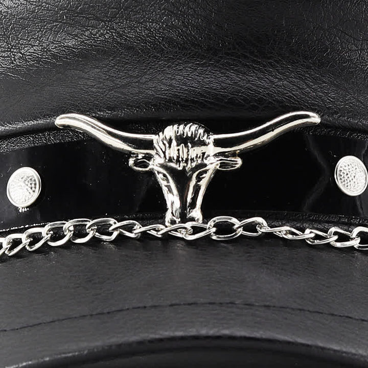 Longhorn Rivets Black Leather Beret Hat With Chain - image 4