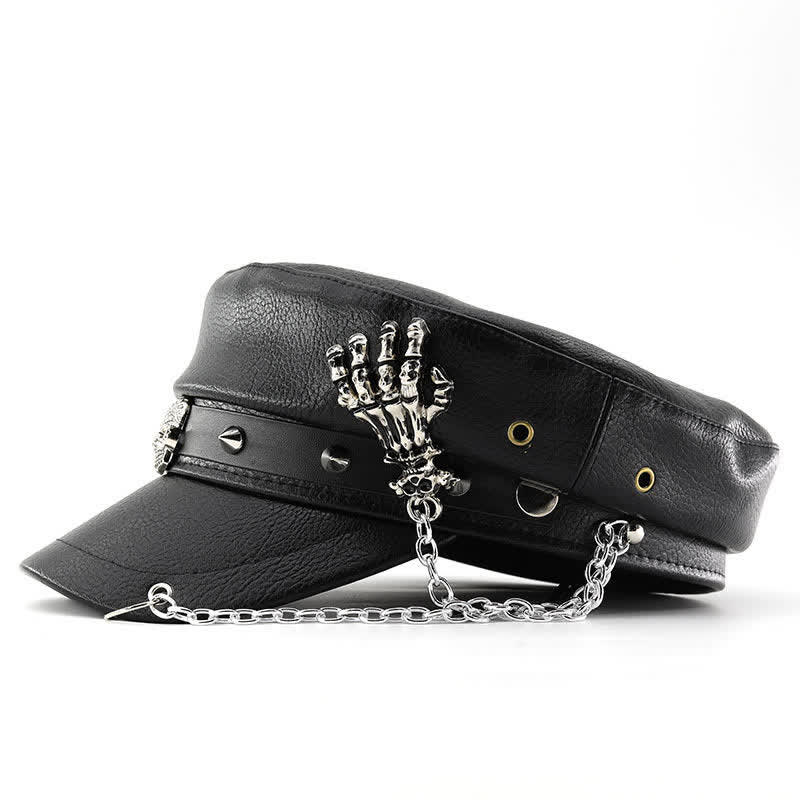 Punk Style Skull & Skeleton Hand Chain Leather Beret Hat - image 2