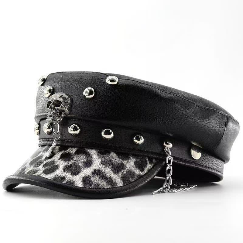 Punk-Inspired Skull Leopard Print Brim Leather Beret Hat - Black - M (22"-22 7/8") - image 0