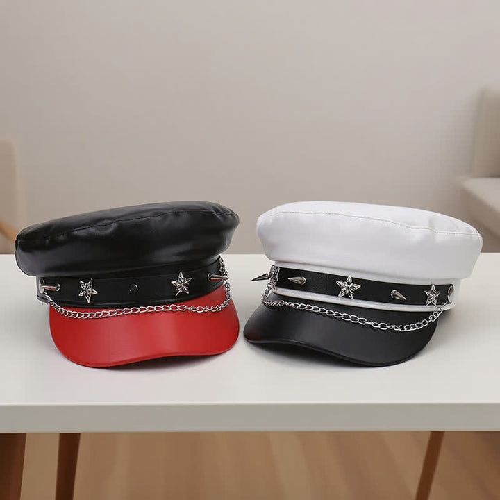 Two-Tone Star Studs Leather Beret Hat With Chain - image 5