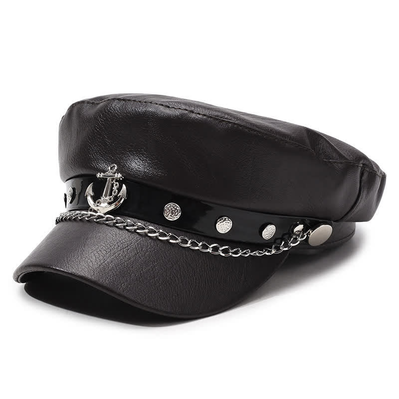 Military-Style Anchor Studded Leather Beret Hat With Chain - Dark Coffee - M (22"-22 7/8") - image 9