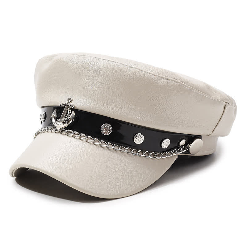 Military-Style Anchor Studded Leather Beret Hat With Chain - White - M (22"-22 7/8") - image 8
