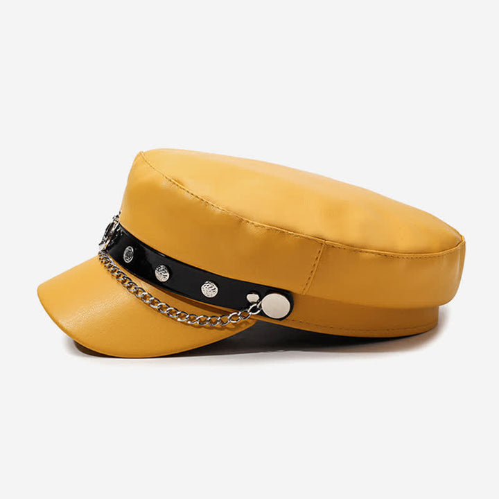 Military-Style Anchor Studded Leather Beret Hat With Chain - image 3