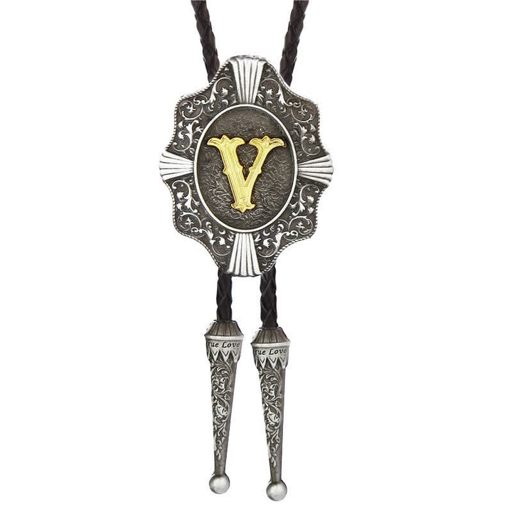 Intricate Filigree Design Initial Letter A To Z Bolo Tie - Silver - V - image 23