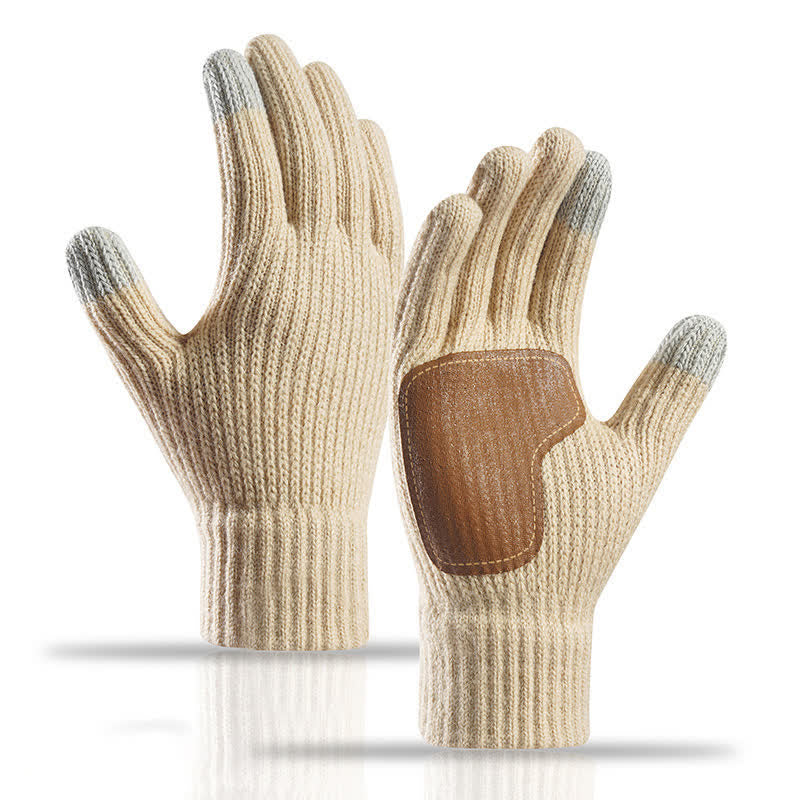 Warm Anti-Slip Leather Palm Patch Knitted Gloves - Beige - image 9