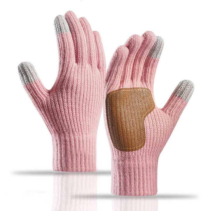 Warm Anti-Slip Leather Palm Patch Knitted Gloves - Pink - image 12