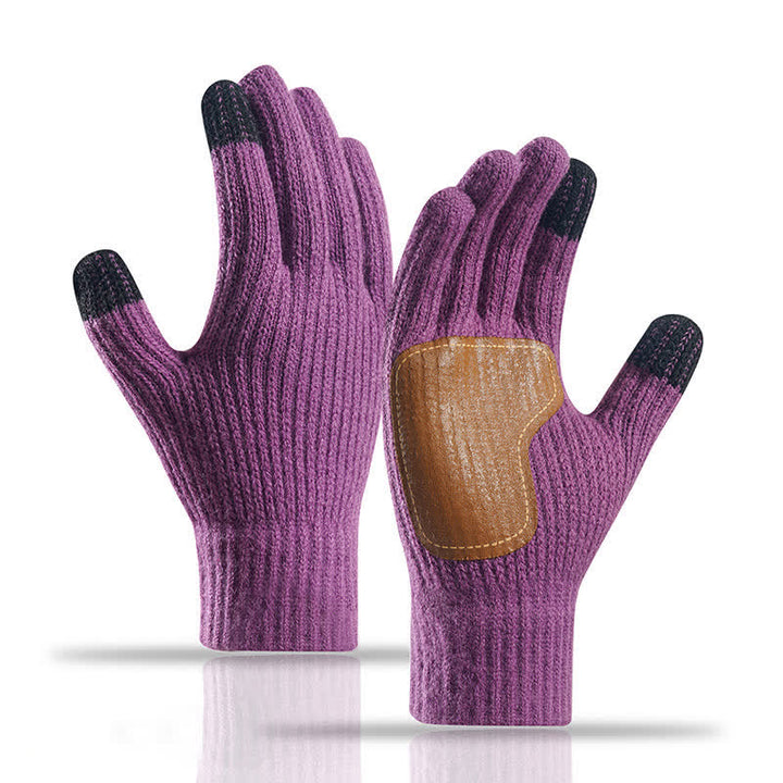 Warm Anti-Slip Leather Palm Patch Knitted Gloves - Dark Purple - image 17