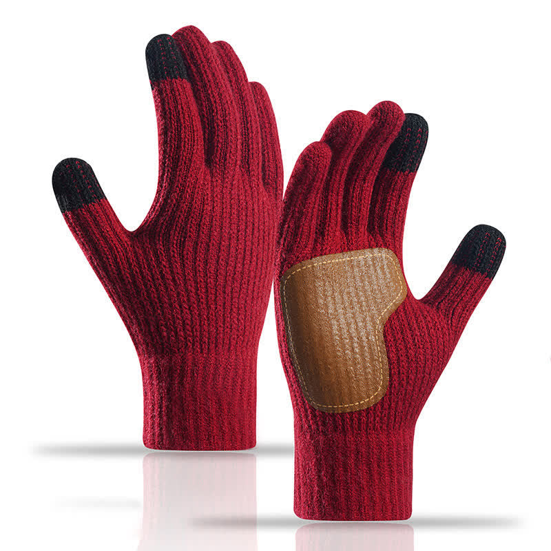 Warm Anti-Slip Leather Palm Patch Knitted Gloves - Wine Red - image 11
