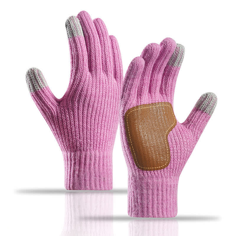 Warm Anti-Slip Leather Palm Patch Knitted Gloves - Light Purple - image 16