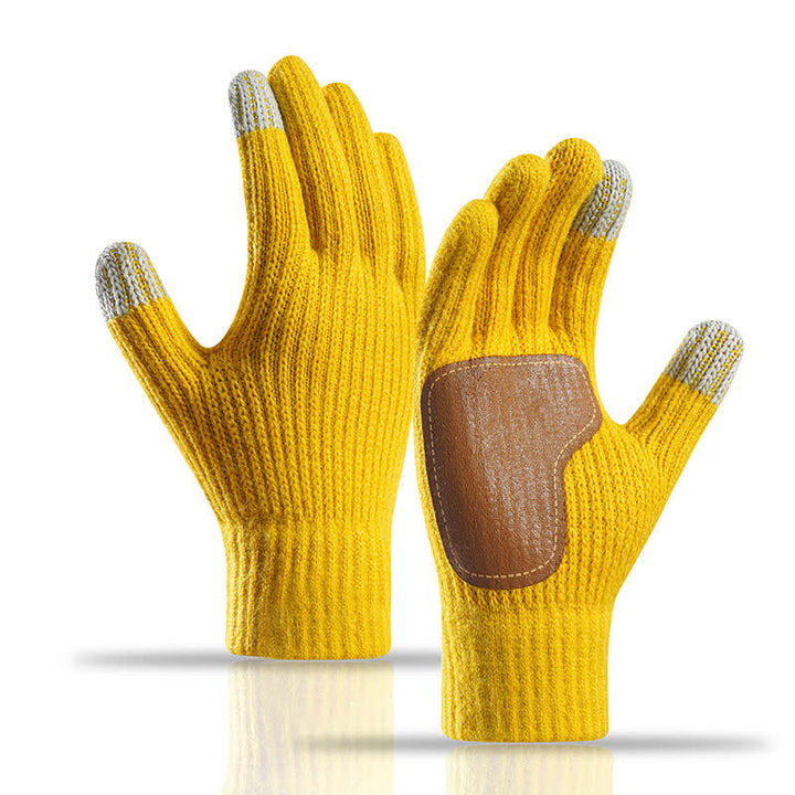 Warm Anti-Slip Leather Palm Patch Knitted Gloves - Yellow - image 14