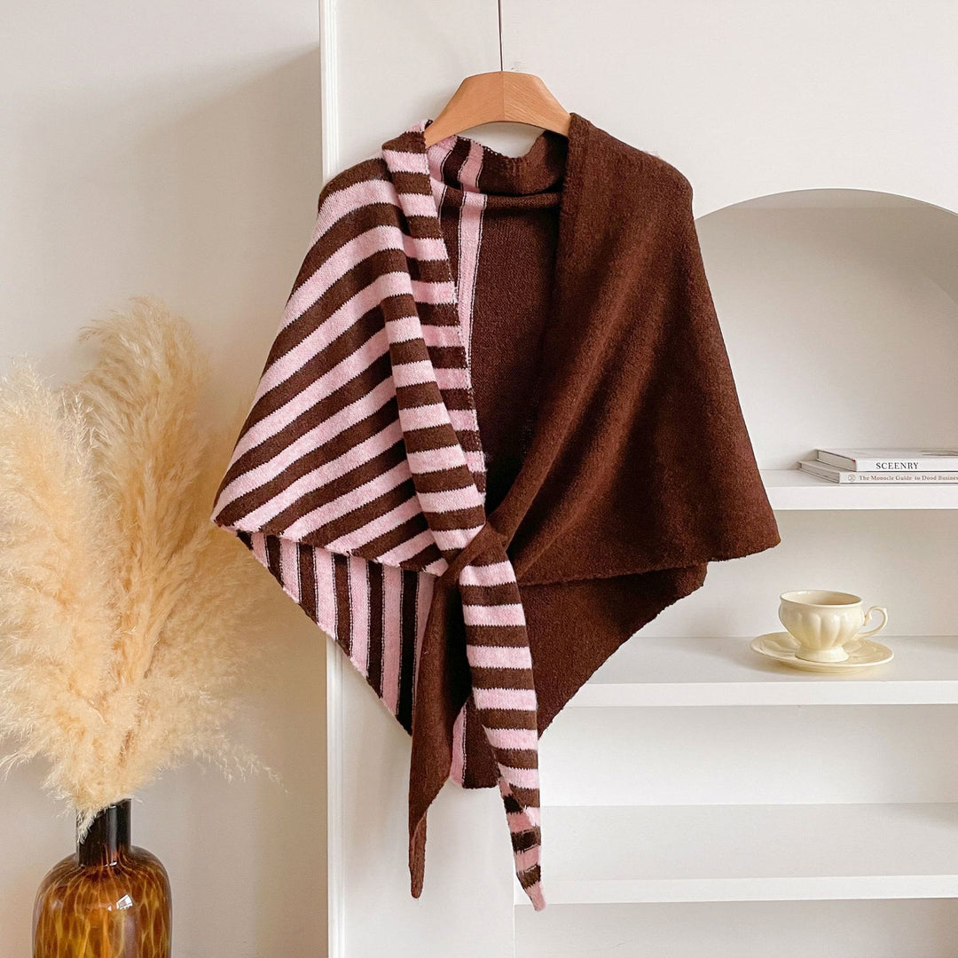 Fashionable Winter Striped Color Blocking Women's Triangle Shawl Scarf - Brown - image 1