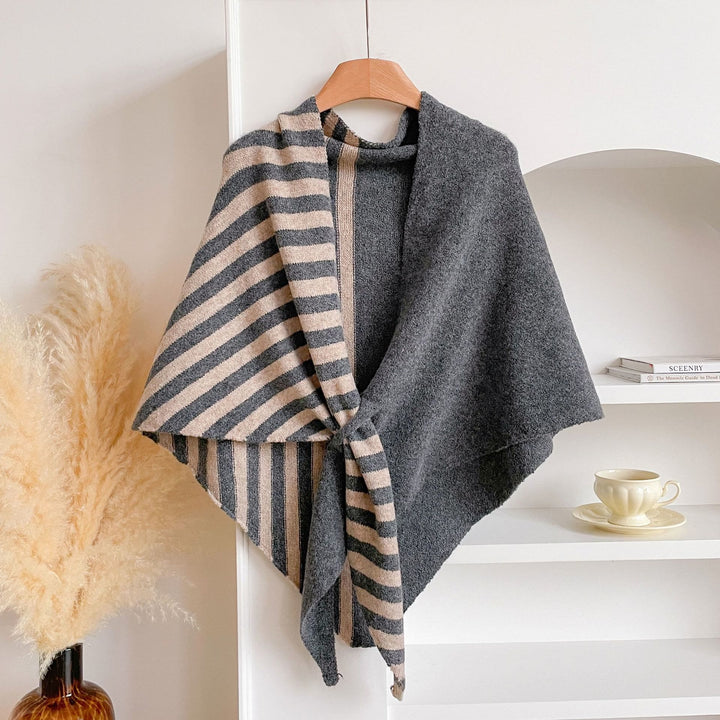 Fashionable Winter Striped Color Blocking Women's Triangle Shawl Scarf - Grey Camel - image 5