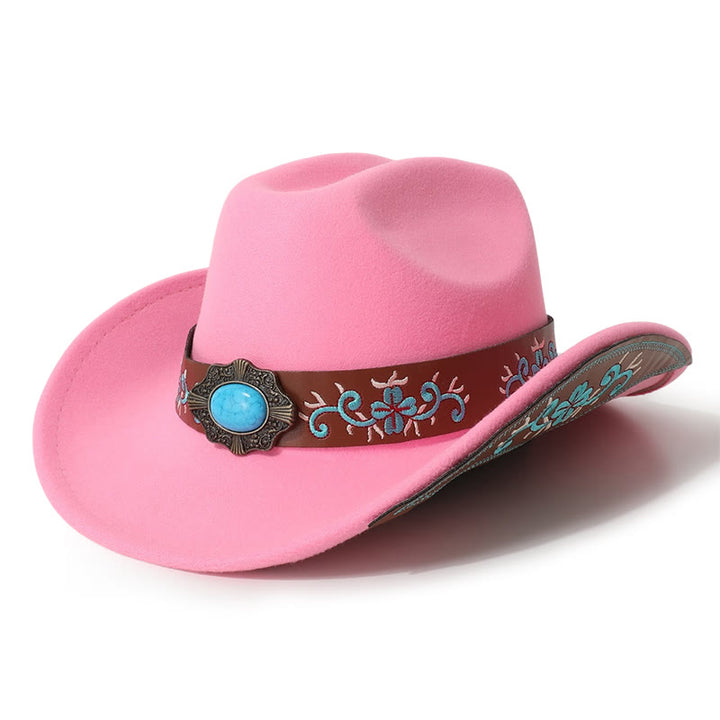 Men's Embroidered Patch Turquoise Cowboy Hat With Brim Belt - Dark Pink - M (22"-22 7/8") - image 5