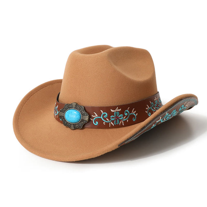 Men's Embroidered Patch Turquoise Cowboy Hat With Brim Belt - Camel - M (22"-22 7/8") - image 6