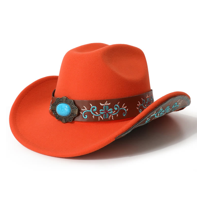 Men's Embroidered Patch Turquoise Cowboy Hat With Brim Belt - Orange - M (22"-22 7/8") - image 8