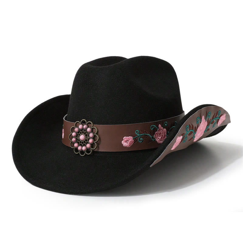 Men's Rose Embroidered Cowboy Hat With Brim Belt - Black - M (22"-22 7/8") - image 1