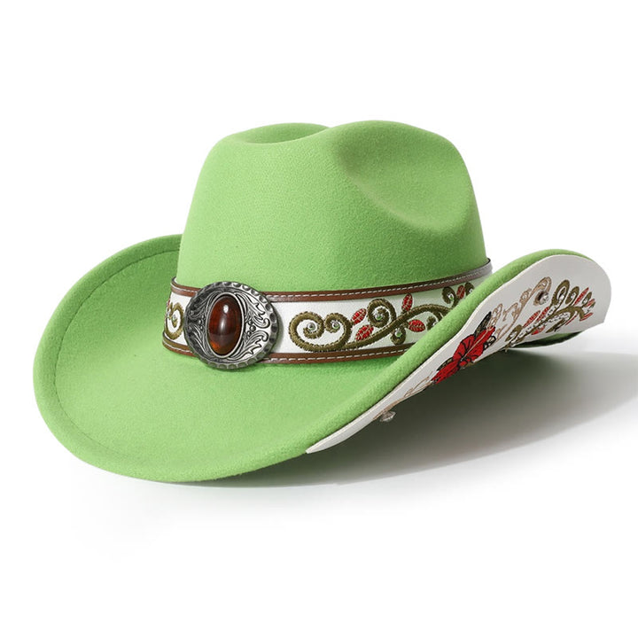  Flower Embroidered Ruby Brim Belt Men's Cowboy Hat - Light Green - M (22"-22 7/8") - image 12