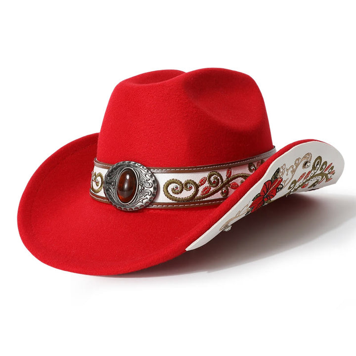  Flower Embroidered Ruby Brim Belt Men's Cowboy Hat - Red - M (22"-22 7/8") - image 0