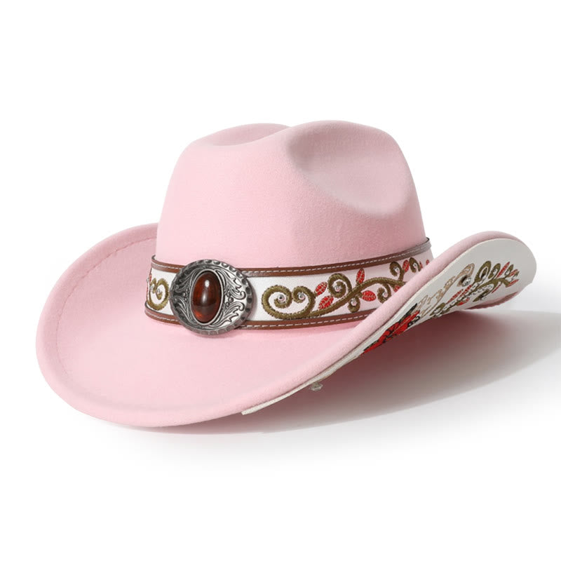  Flower Embroidered Ruby Brim Belt Men's Cowboy Hat - Pink - M (22"-22 7/8") - image 8