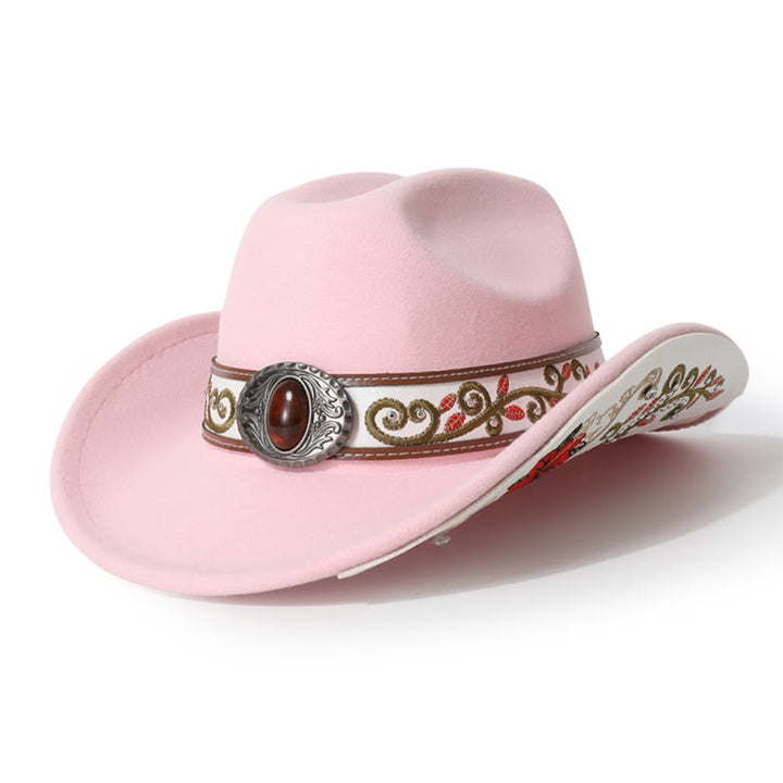  Flower Embroidered Ruby Brim Belt Men's Cowboy Hat - Pink - M (22"-22 7/8") - image 8