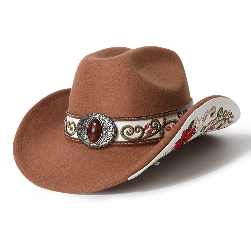  Flower Embroidered Ruby Brim Belt Men's Cowboy Hat - Brown - M (22"-22 7/8") - image 5
