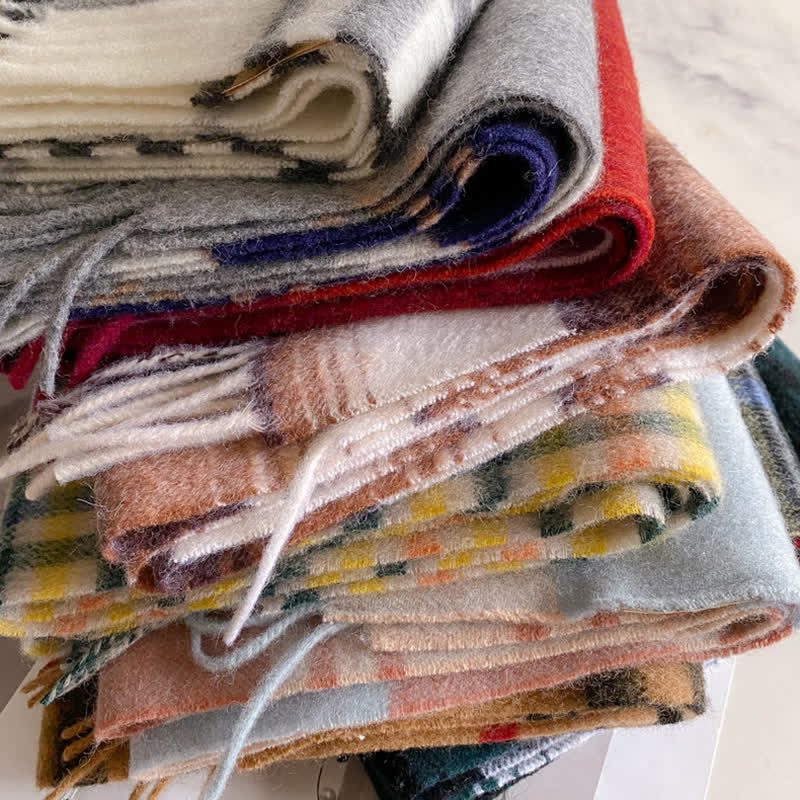 Unisex Check Pattern Warm Wool Scarf With Tassels - image 5