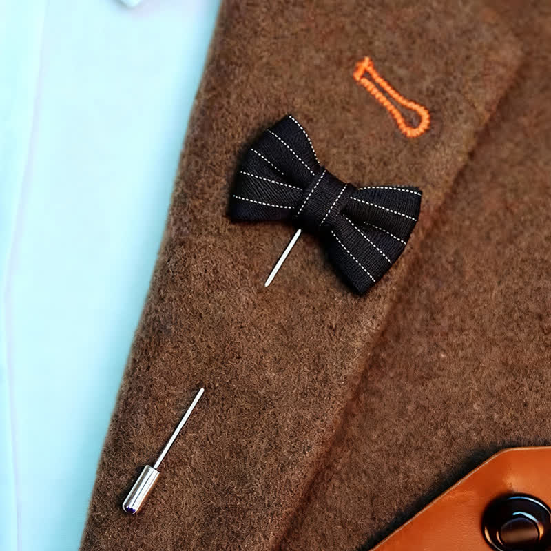 Men's Formal Wear Striped Bow Tie Shape Lapel Pin - Style #1 - Black - image 0