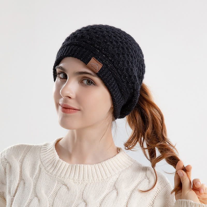 Women's Ponytail Open Winter Warm Knitted Beanie Hat - Black - Adjustable(21 5/8"-23 5/8") - image 4