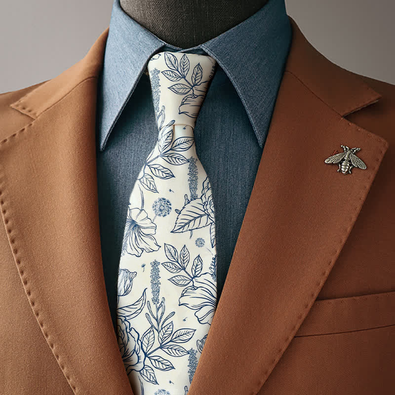 Men's Line Drawing Floral Decorative Pattern Printed Necktie - Necktie - image 0