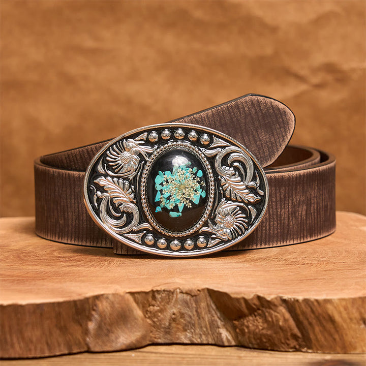 Silver Black Carved Turquoise & Flowers DIY Buckle Leather Belt - Brown Distressed Belt - 42 - image 6
