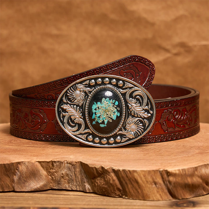 Silver Black Carved Turquoise & Flowers DIY Buckle Leather Belt - Brown Carved Belt - 42 - image 7