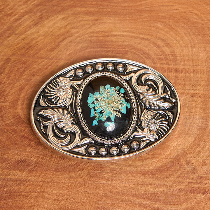 Silver Black Carved Turquoise & Flowers DIY Buckle Leather Belt - image 1