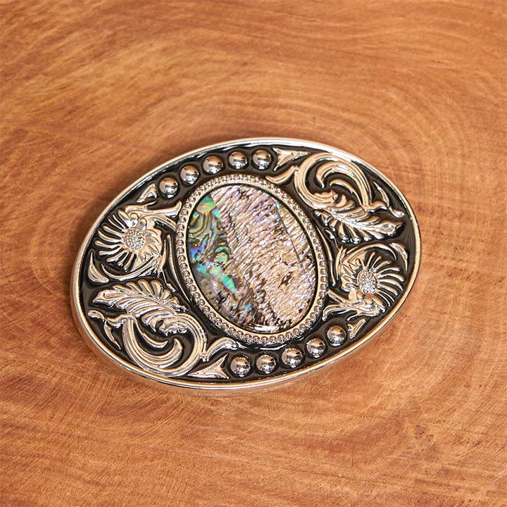 Silver Black Carved Shell DIY Buckle Leather Belt - image 1